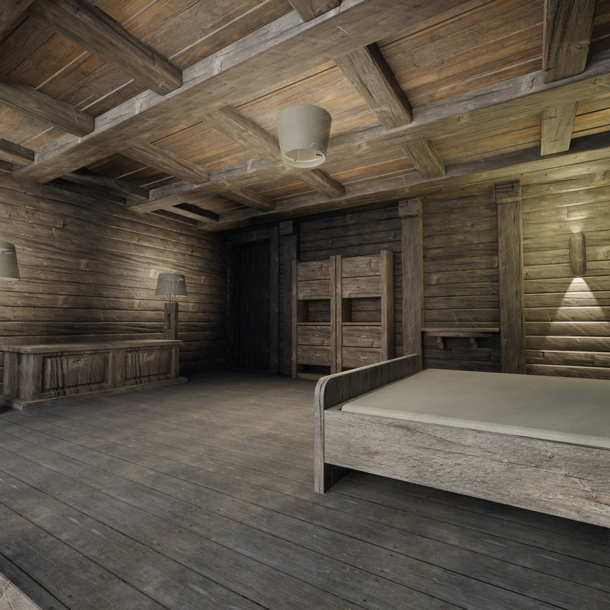 Loft bedroom with a huge window Low-poly 3D model_11