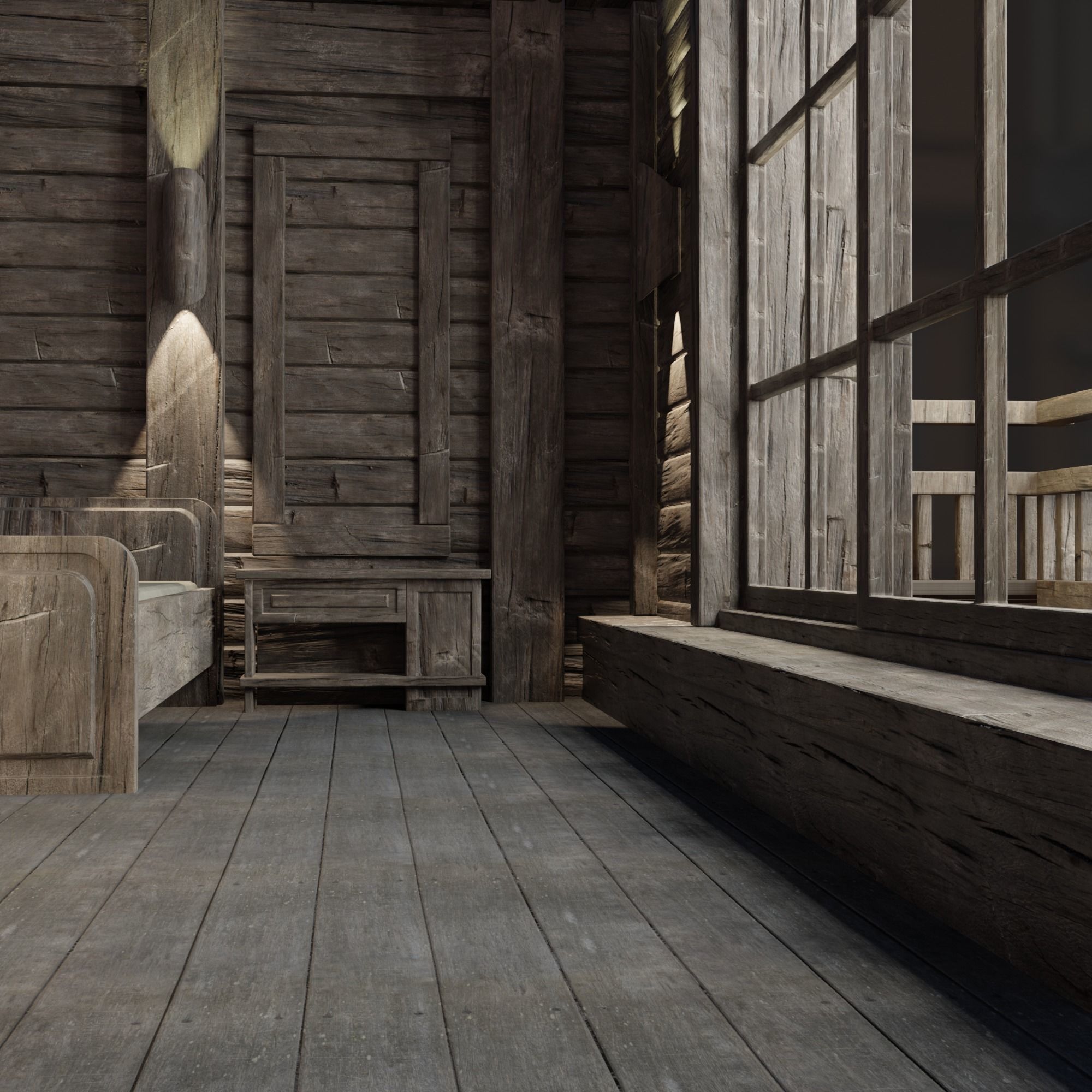 Loft bedroom with a huge window Low-poly 3D model_2