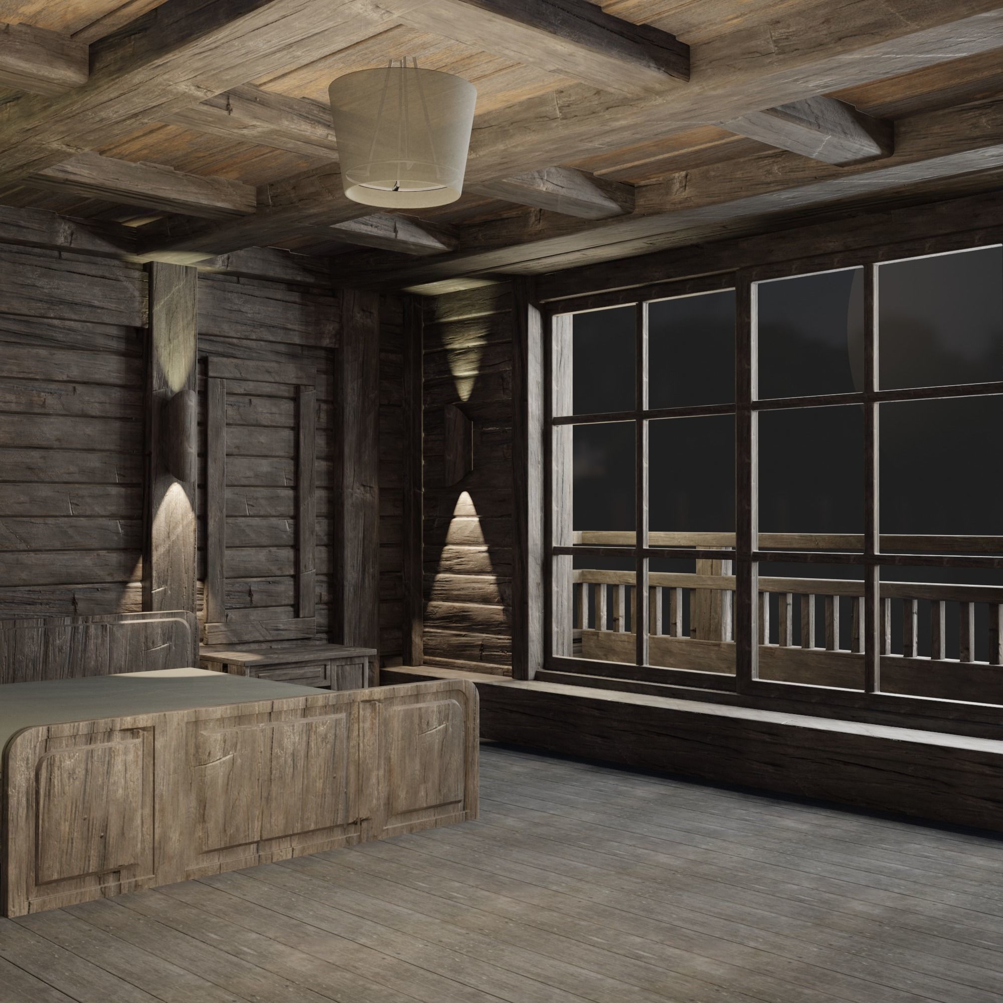 Loft bedroom with a huge window Low-poly 3D model_4