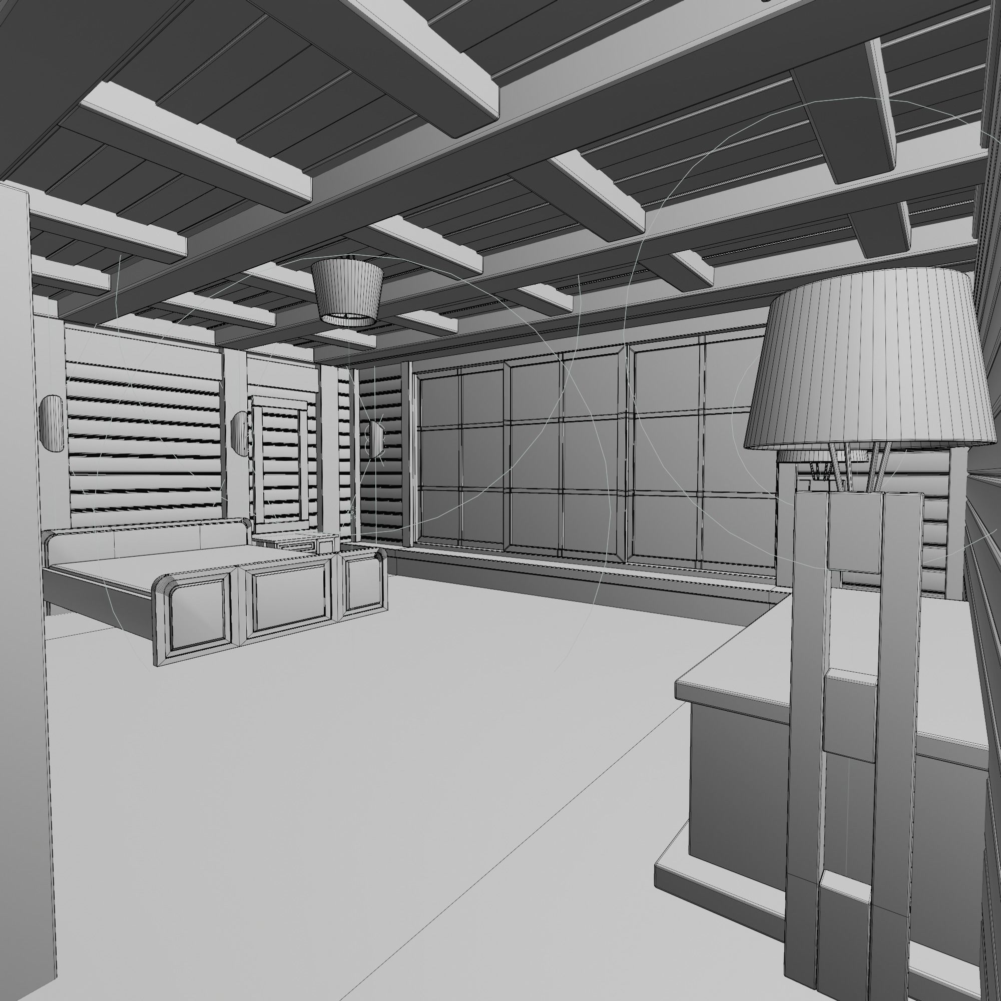 Loft bedroom with a huge window Low-poly 3D model_14