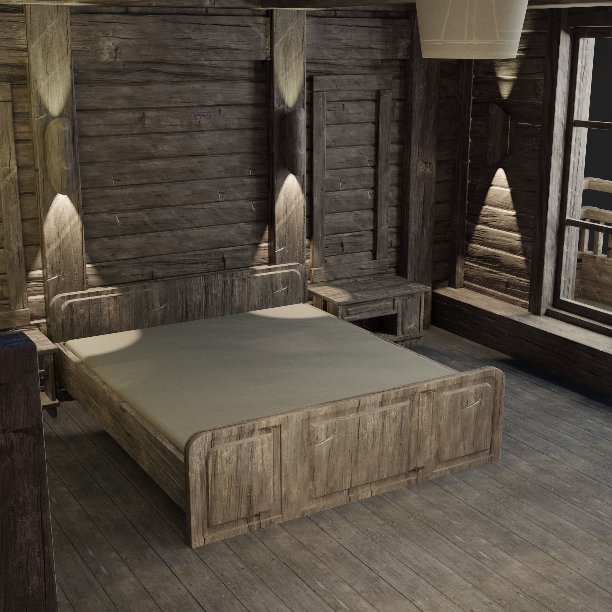 Loft bedroom with a huge window Low-poly 3D model_1