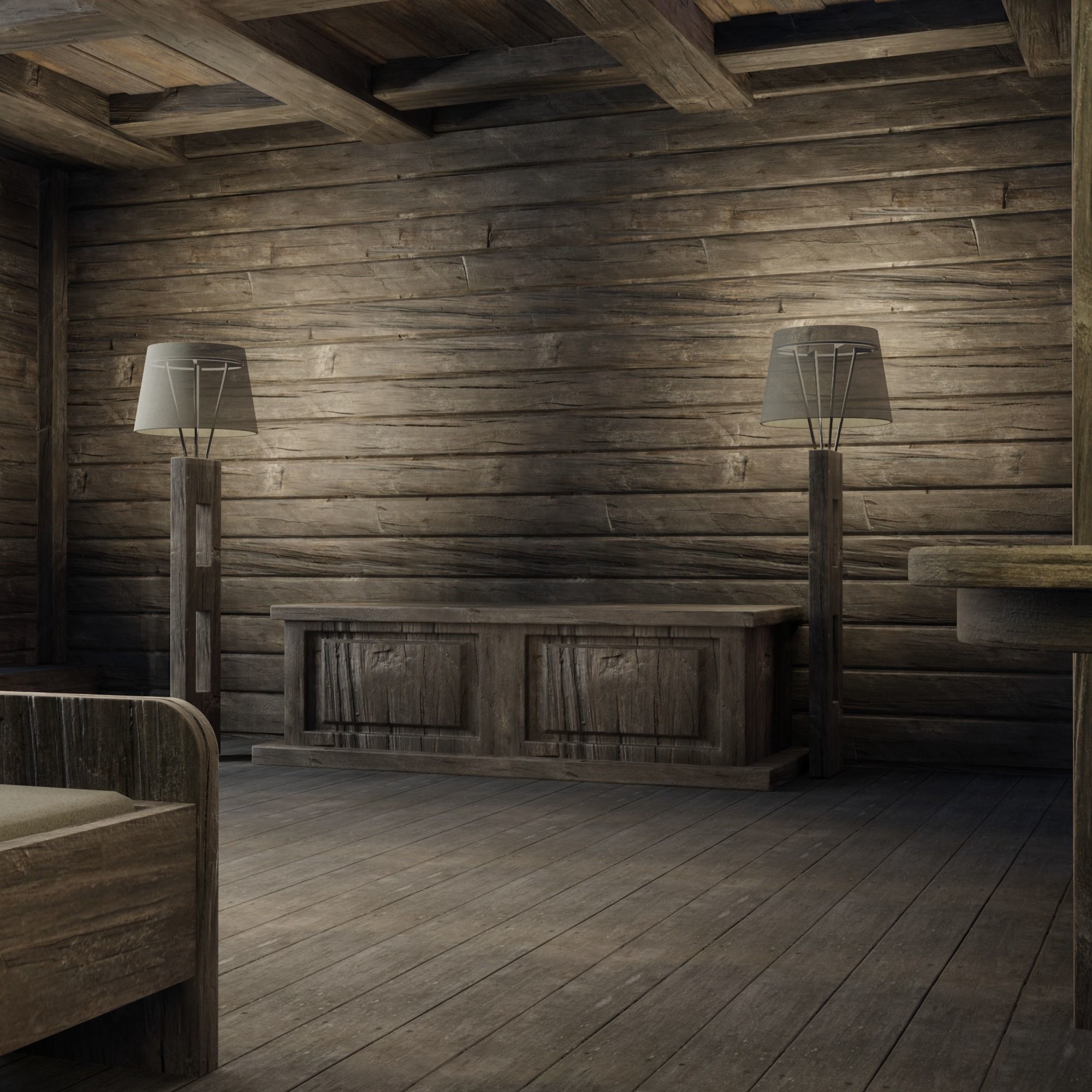 Loft bedroom with a huge window Low-poly 3D model_7