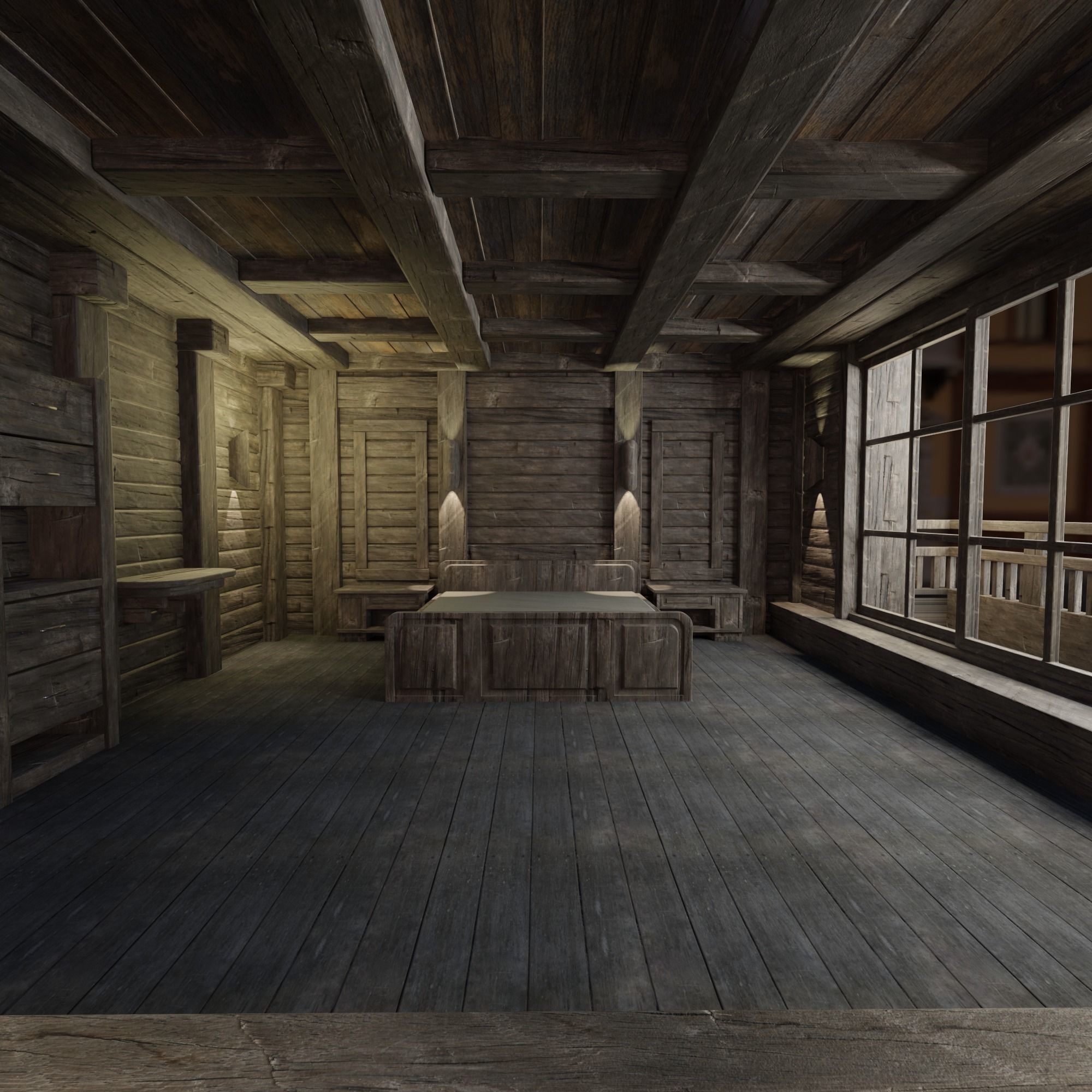 Loft bedroom with a huge window Low-poly 3D model_10