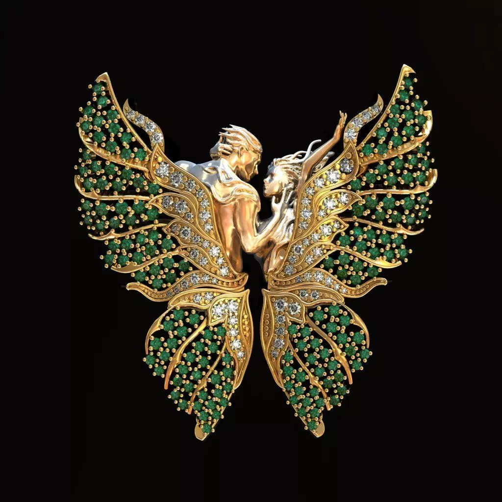 MAGERIT emerald wings brooch 3D print model_0
