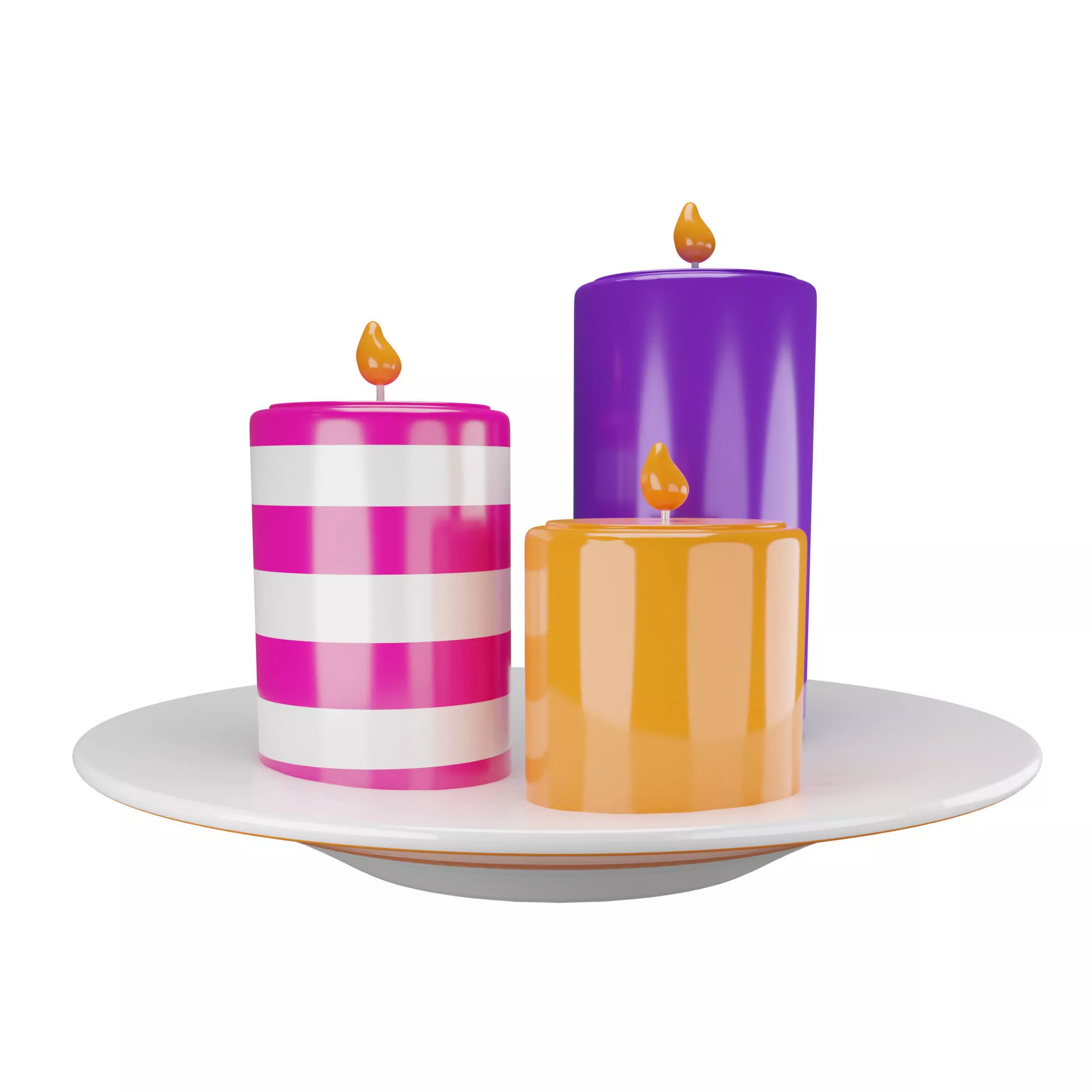Candles three colorful on plate Low-poly 3D model