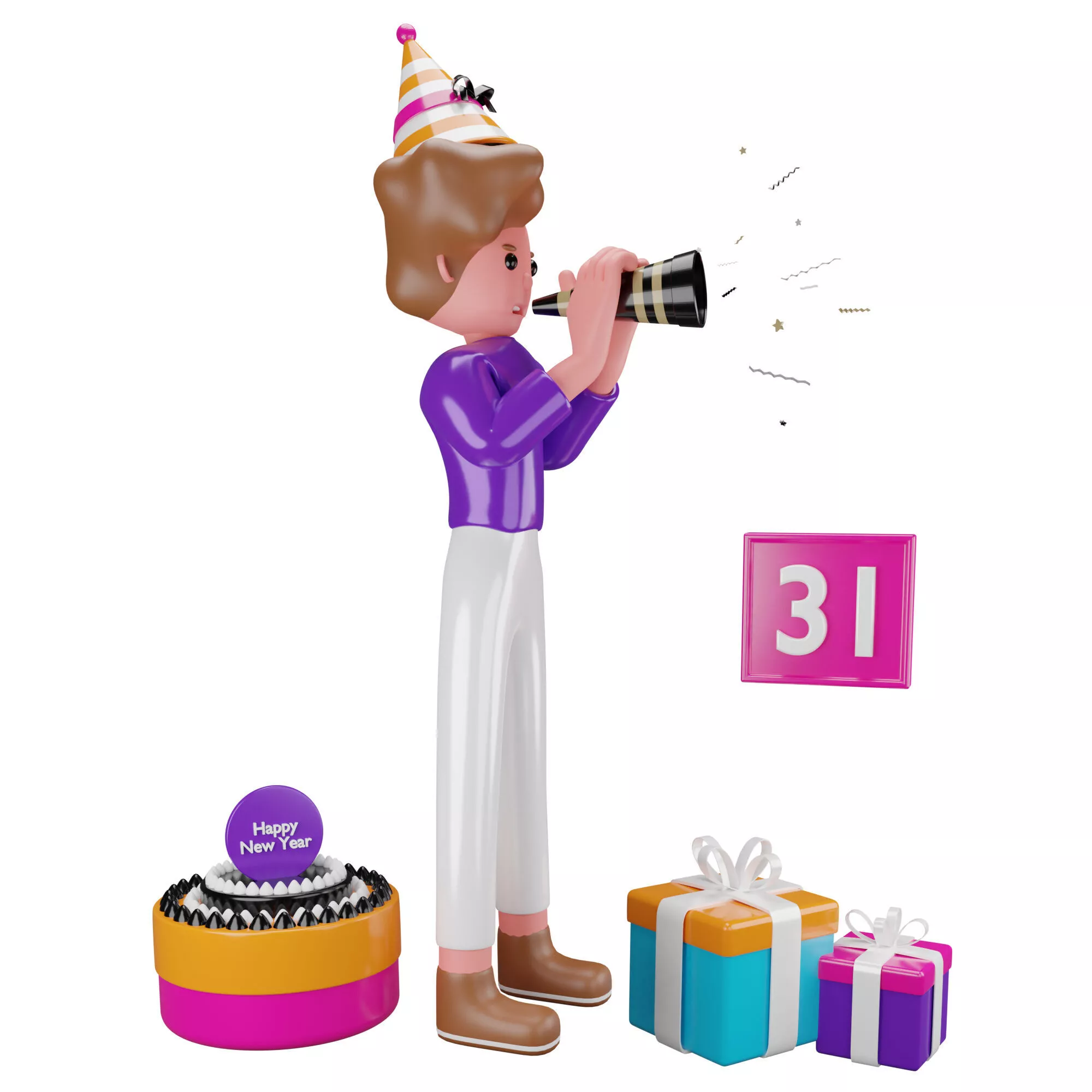 Boy Blowing Trumpet Celebrating New Year Low-poly 3D model
