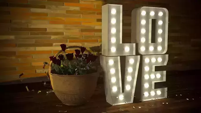 LOVE letters with lamps and a busket with roses 3D model