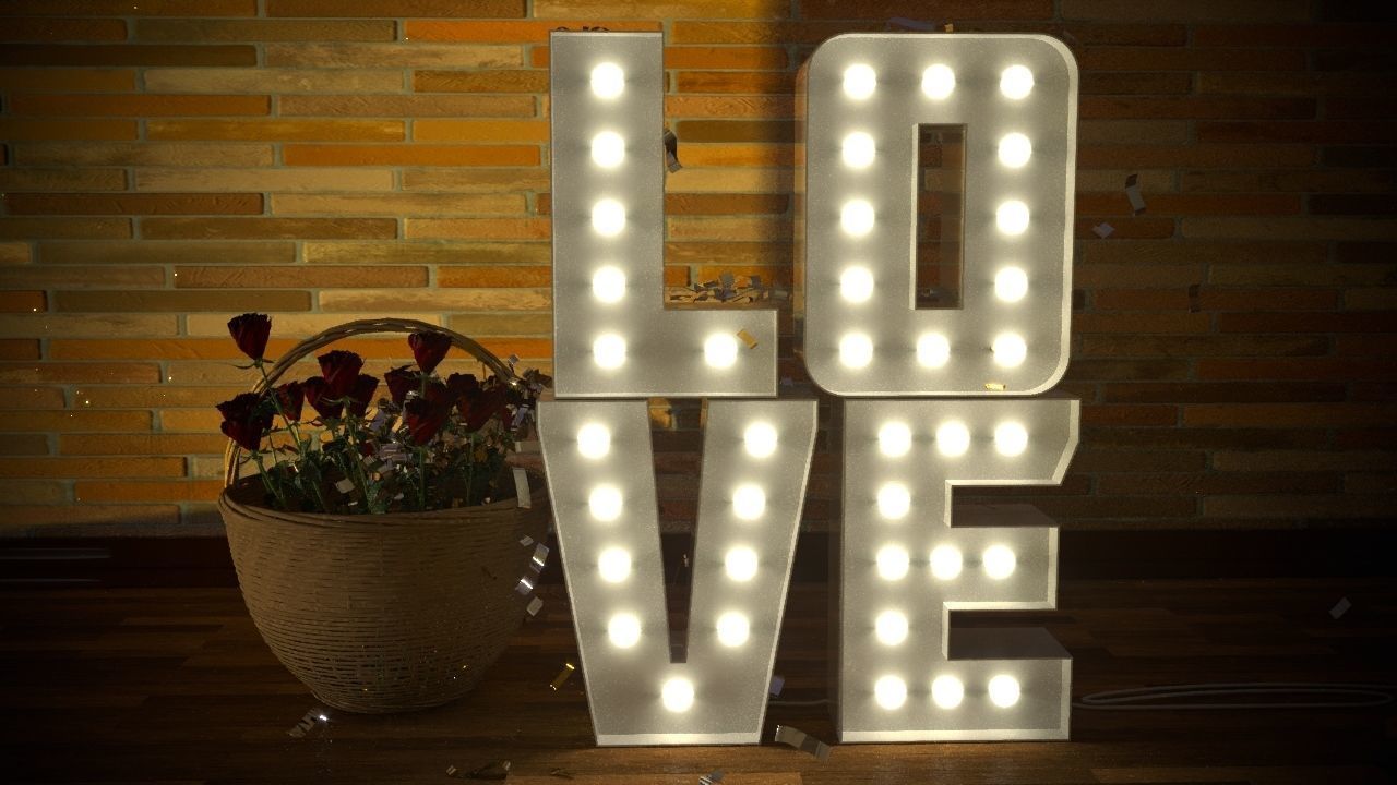 LOVE letters with lamps and a busket with roses 3D model_1