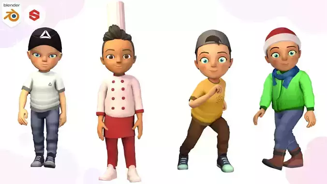 Set of cartoon characters Low-poly 3D model