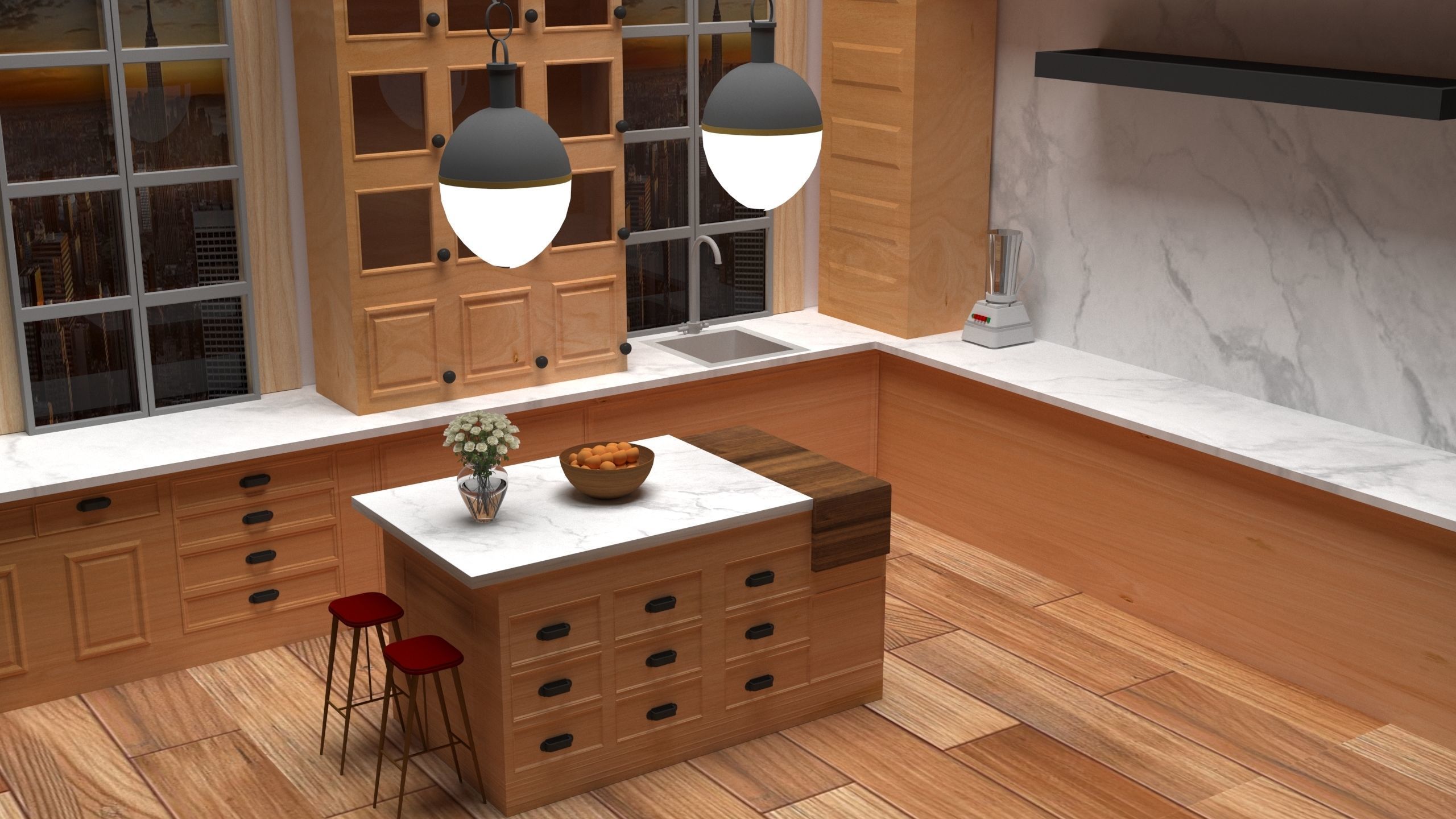 house kitchen with wooden floors and counter tops 3D model_1