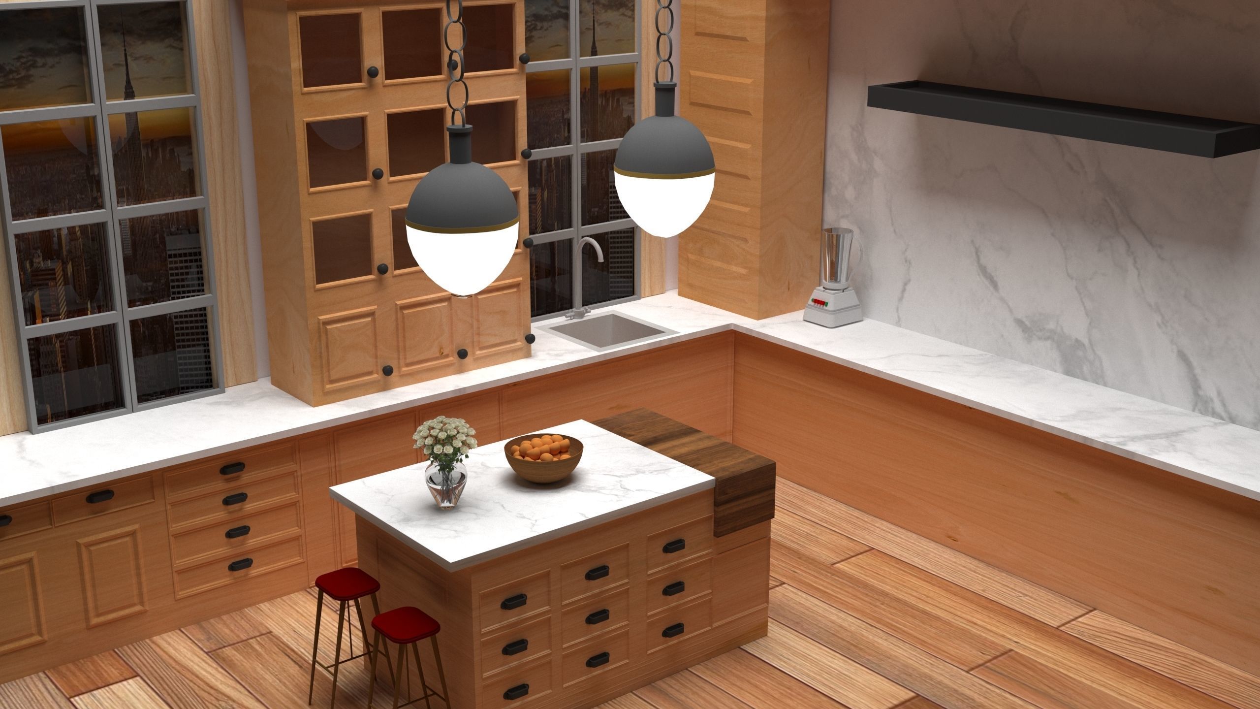 house kitchen with wooden floors and counter tops 3D model_3