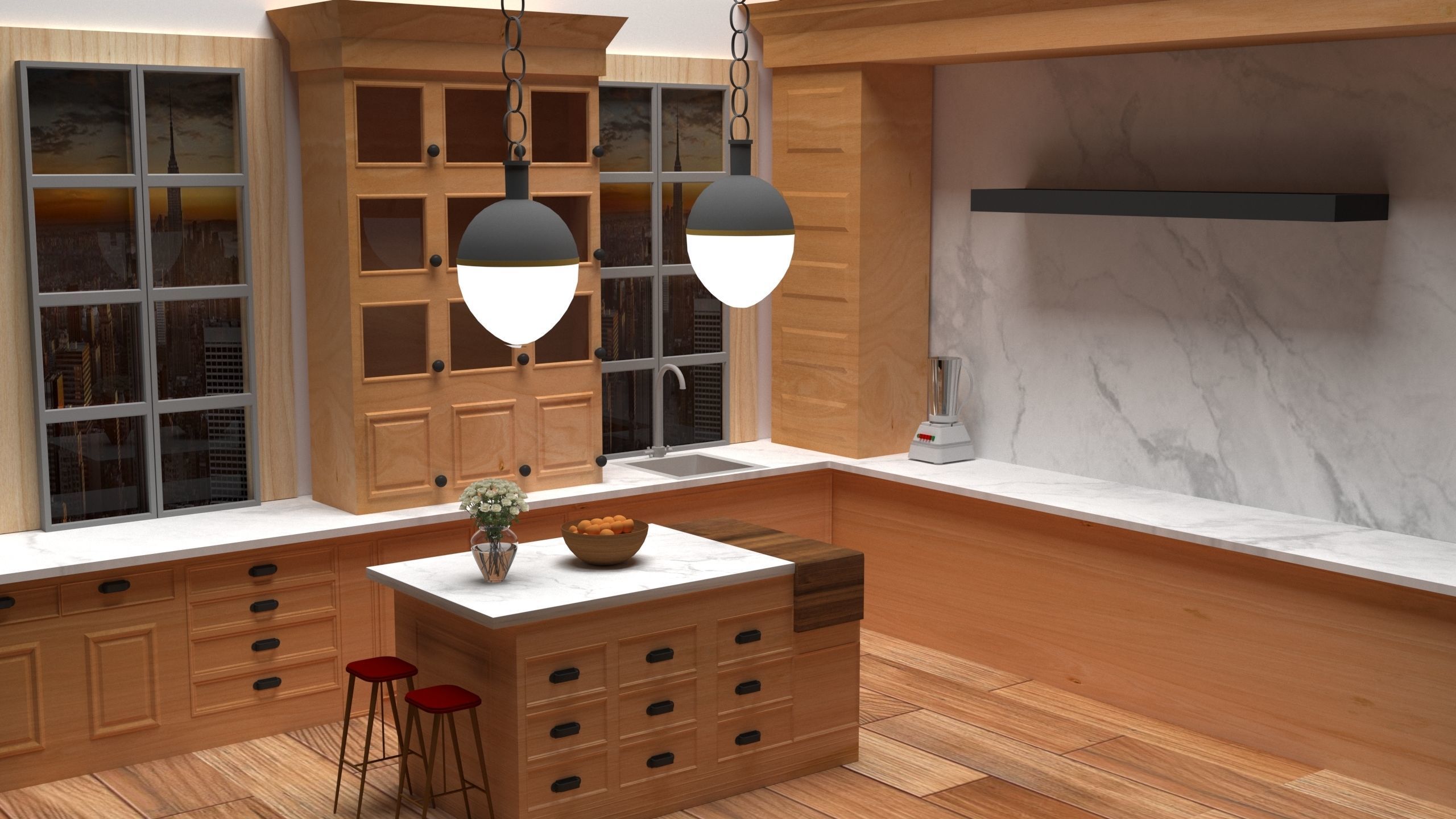 house kitchen with wooden floors and counter tops 3D model_2