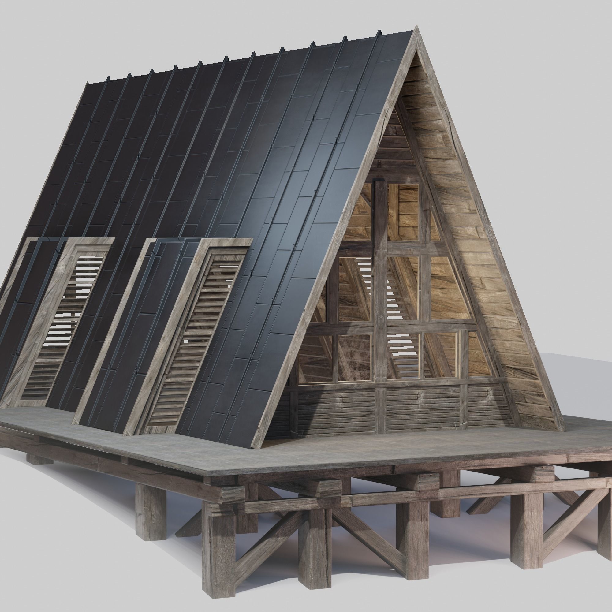 Triangular Wooden Modern House Low-poly 3D model_5