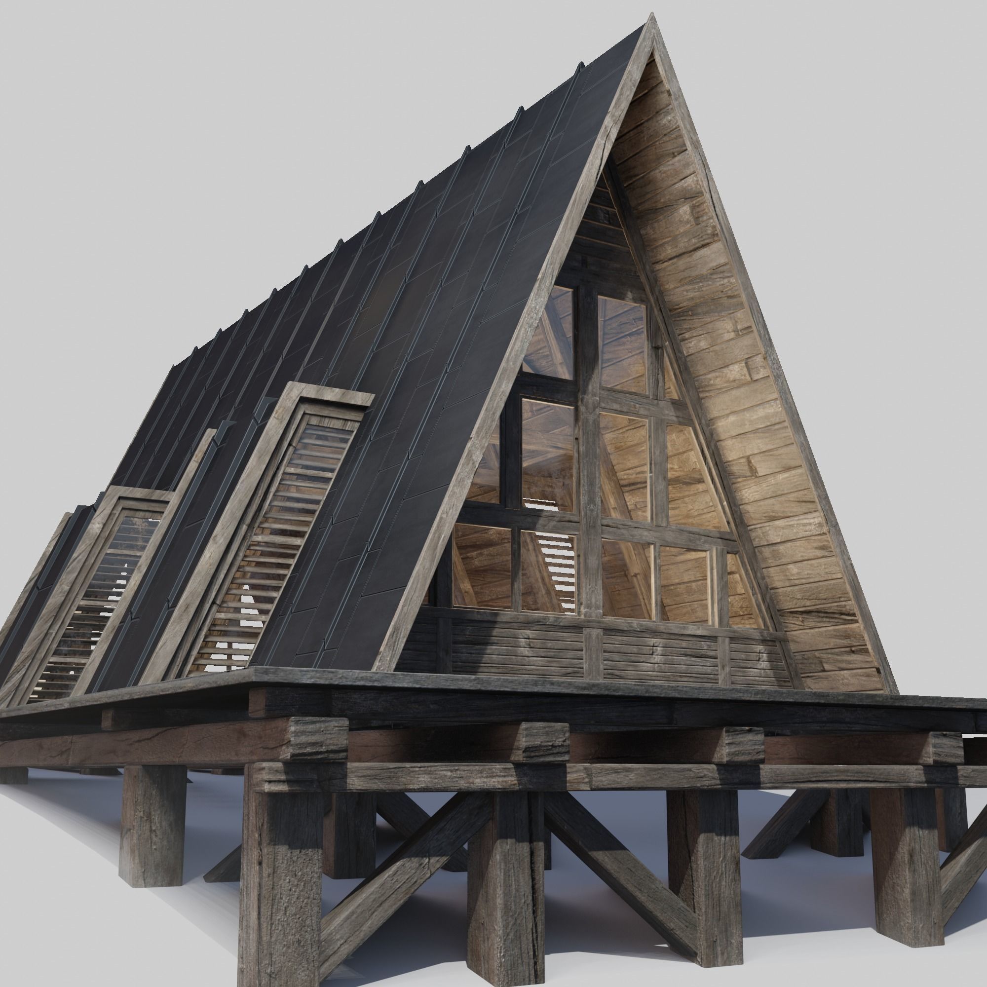 Triangular Wooden Modern House Low-poly 3D model_1