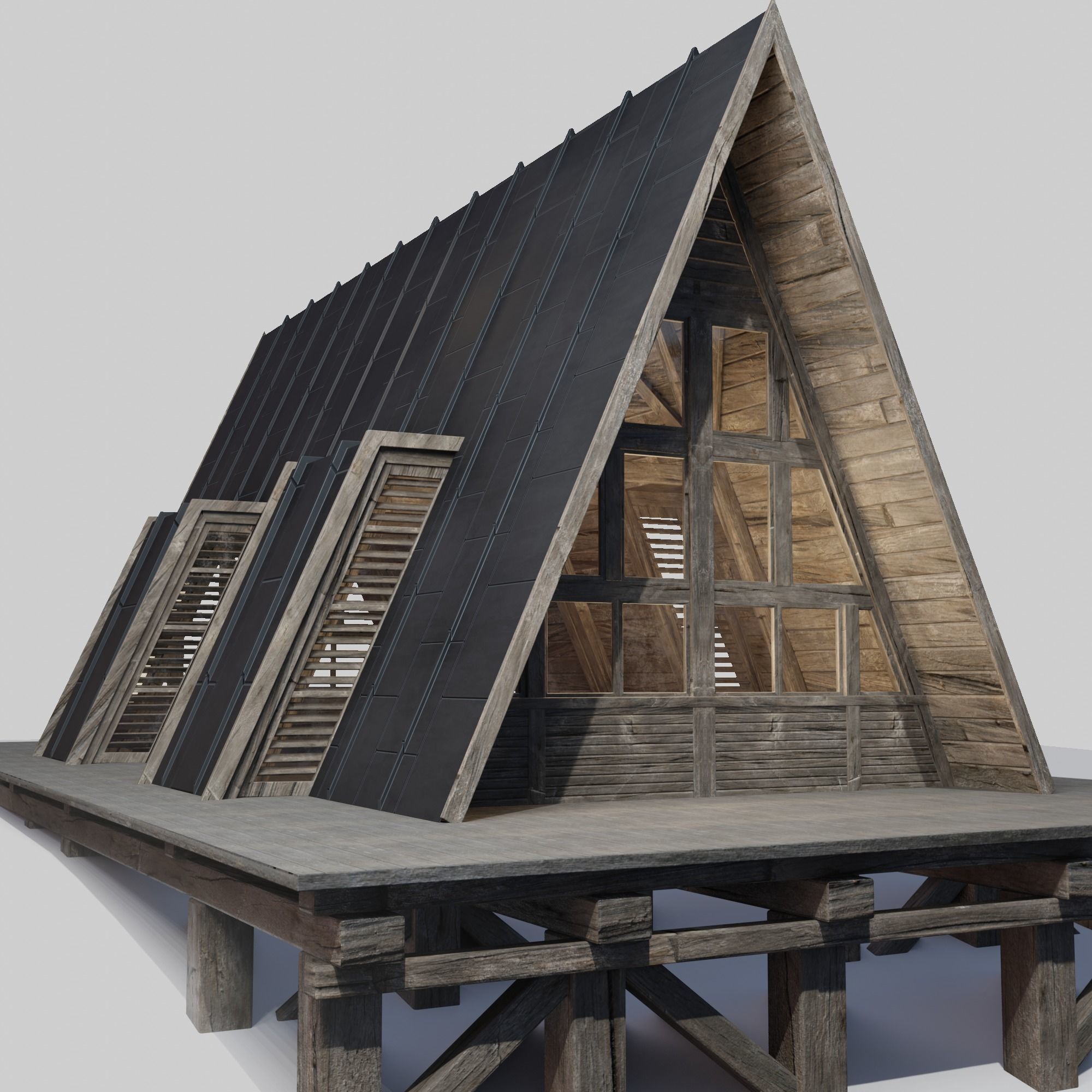 Triangular Wooden Modern House Low-poly 3D model_2