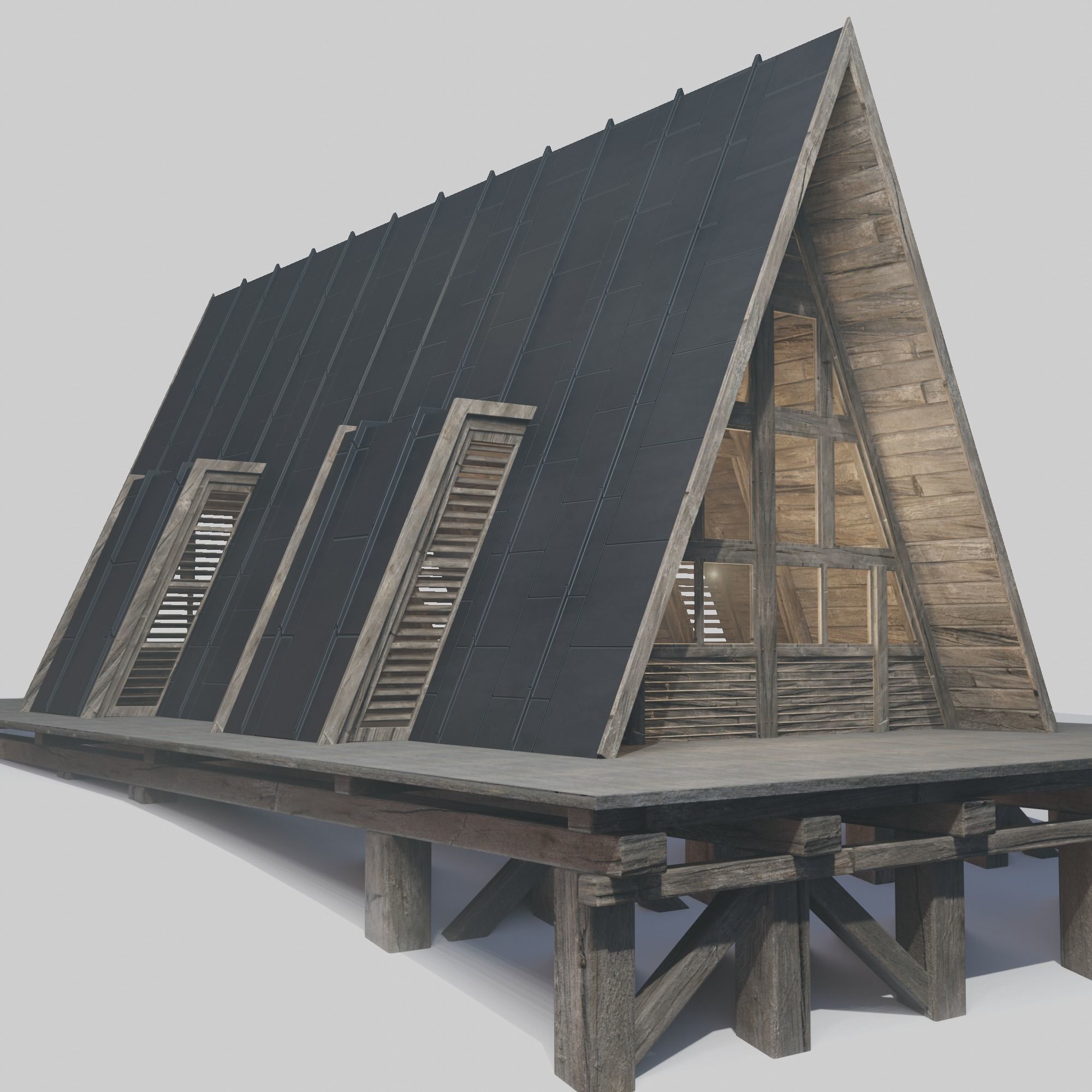 Triangular Wooden Modern House Low-poly 3D model_9