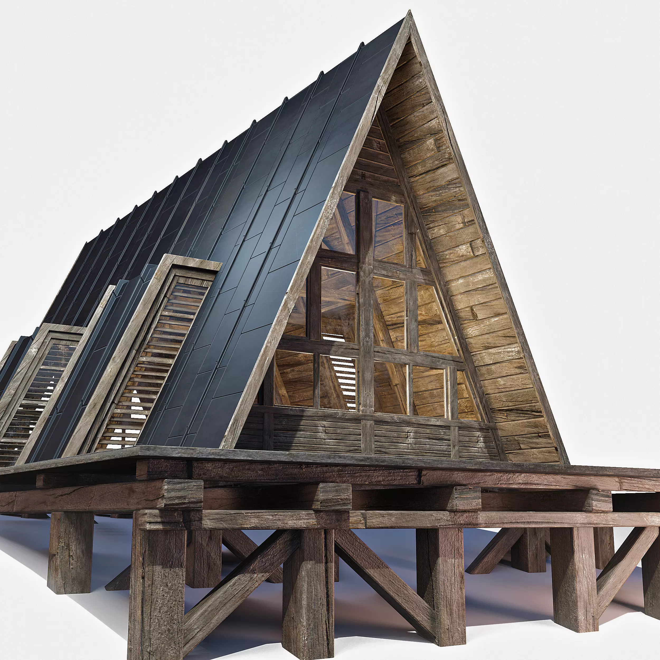 Triangular Wooden Modern House Low-poly 3D model_0