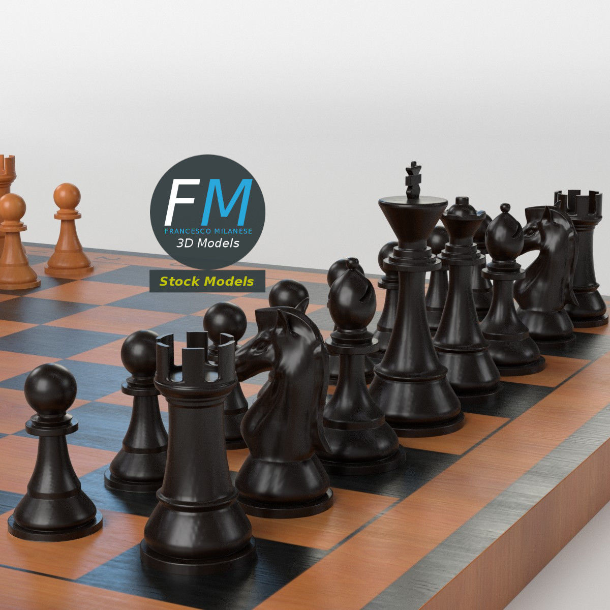 Wooden chess set 3D model_5
