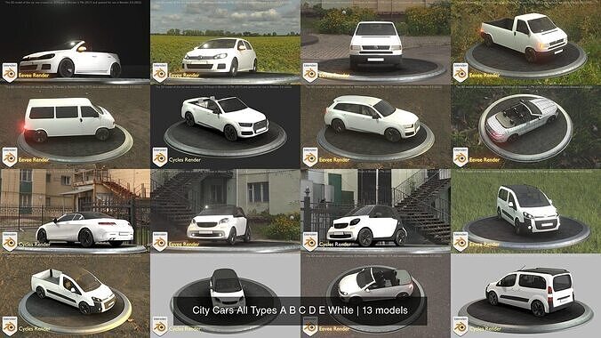 City Cars All Types A B C D E White 3D Model Collection