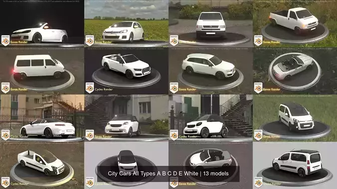 City Cars All Types A B C D E White 3D Model Collection