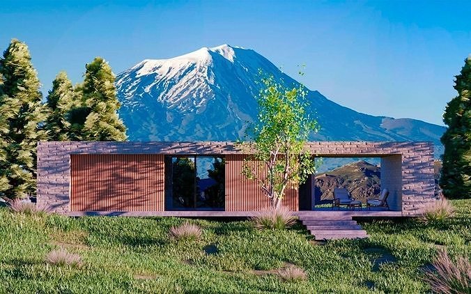 MOUNTAIN HOUSE WITH REALISTIC GRASS Low-poly 3D model