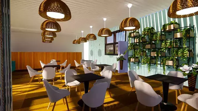 Cafeteria interior of restaurant with tables and chairs