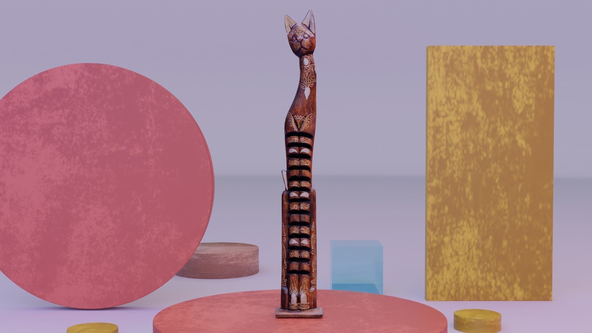 Wooden cat CD tower holder Low-poly 3D model_2