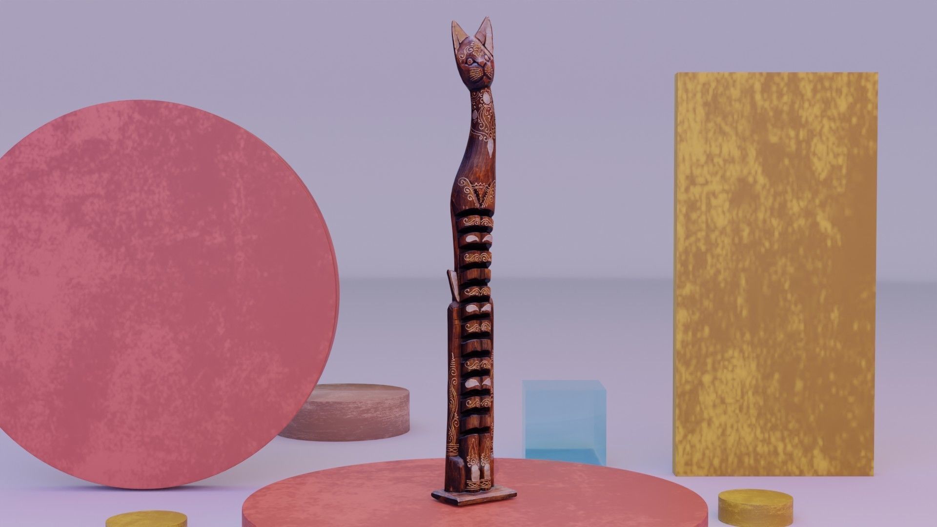 Wooden cat CD tower holder Low-poly 3D model_3