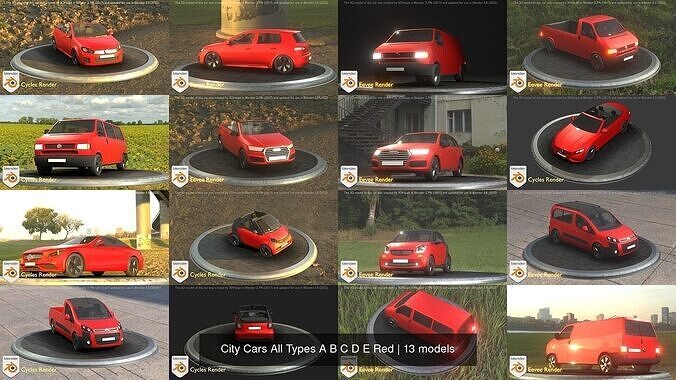 City Cars All Types A B C D E Red 3D Model Collection