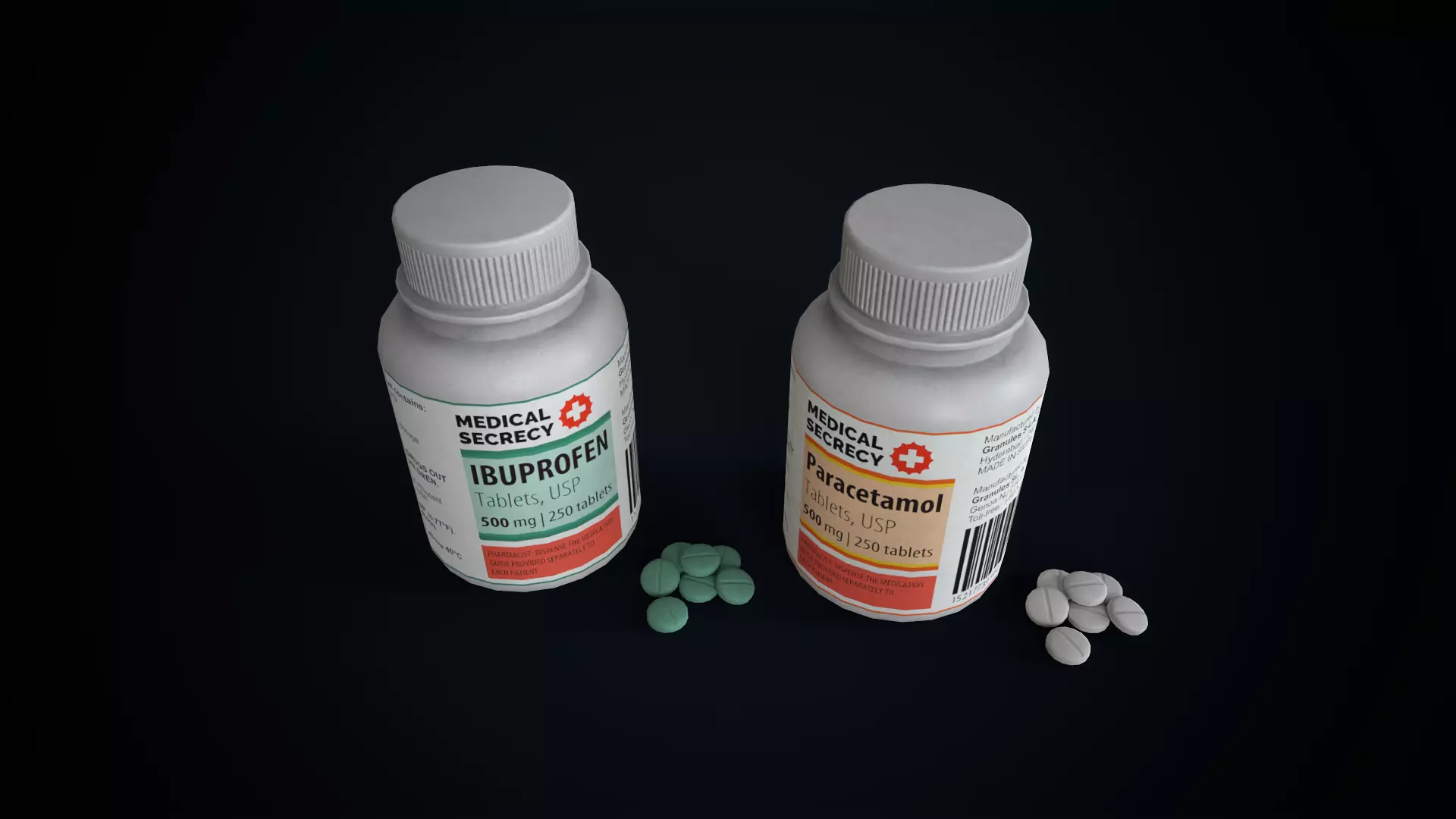 Ibuprofen and paracetamol pills Low-poly 3D model