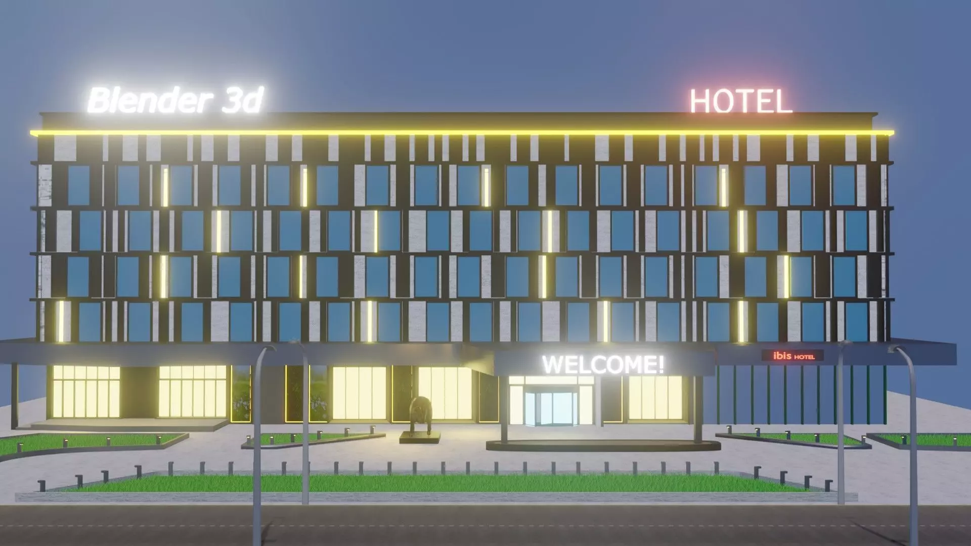 Hotel building with lights Low-poly 3D model