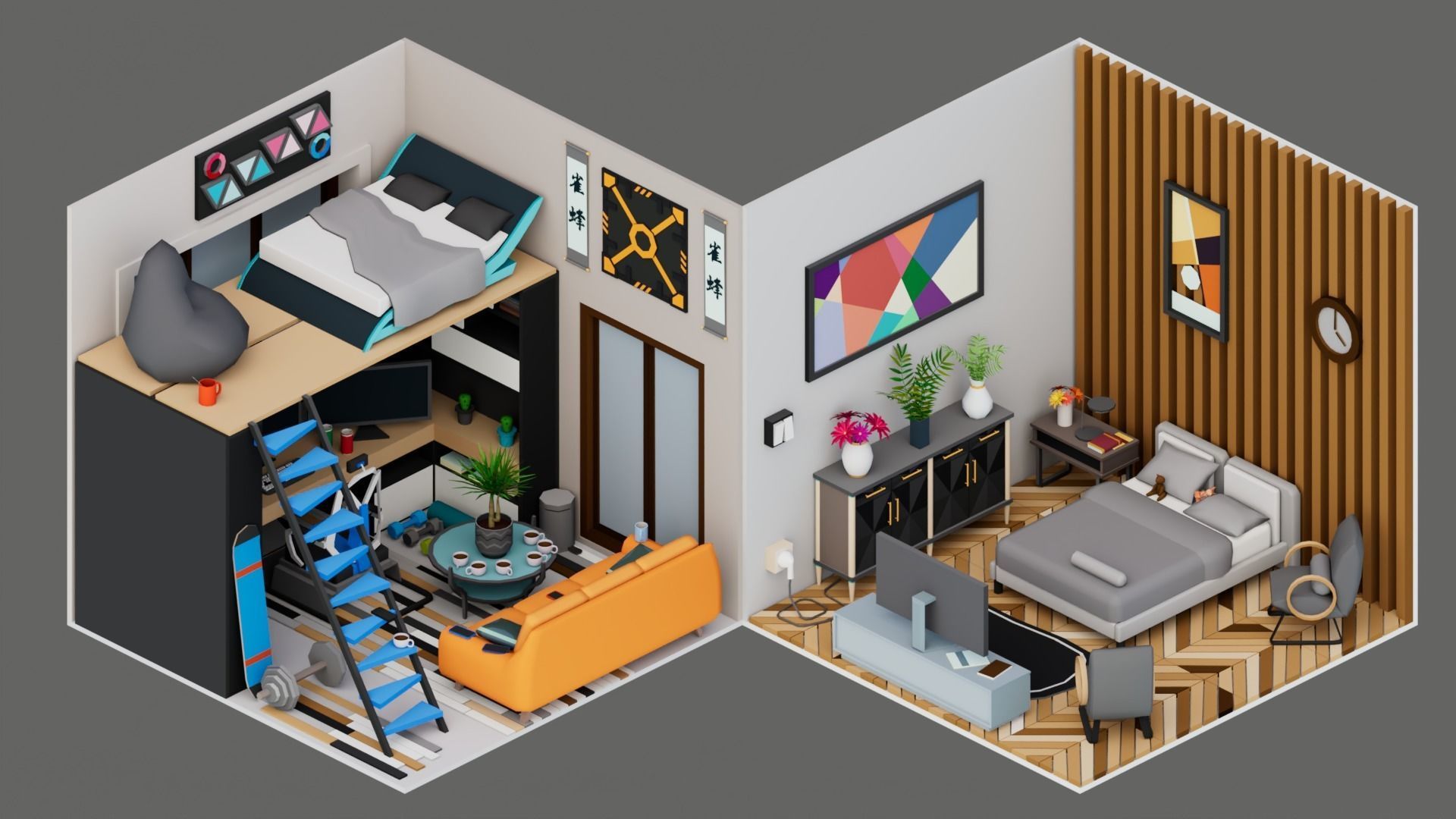 30 Low poly Rooms Interiors 1000 plus unique Objects Low-poly 3D model_22