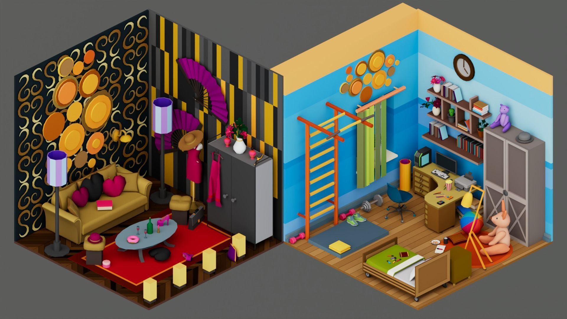 30 Low poly Rooms Interiors 1000 plus unique Objects Low-poly 3D model_30