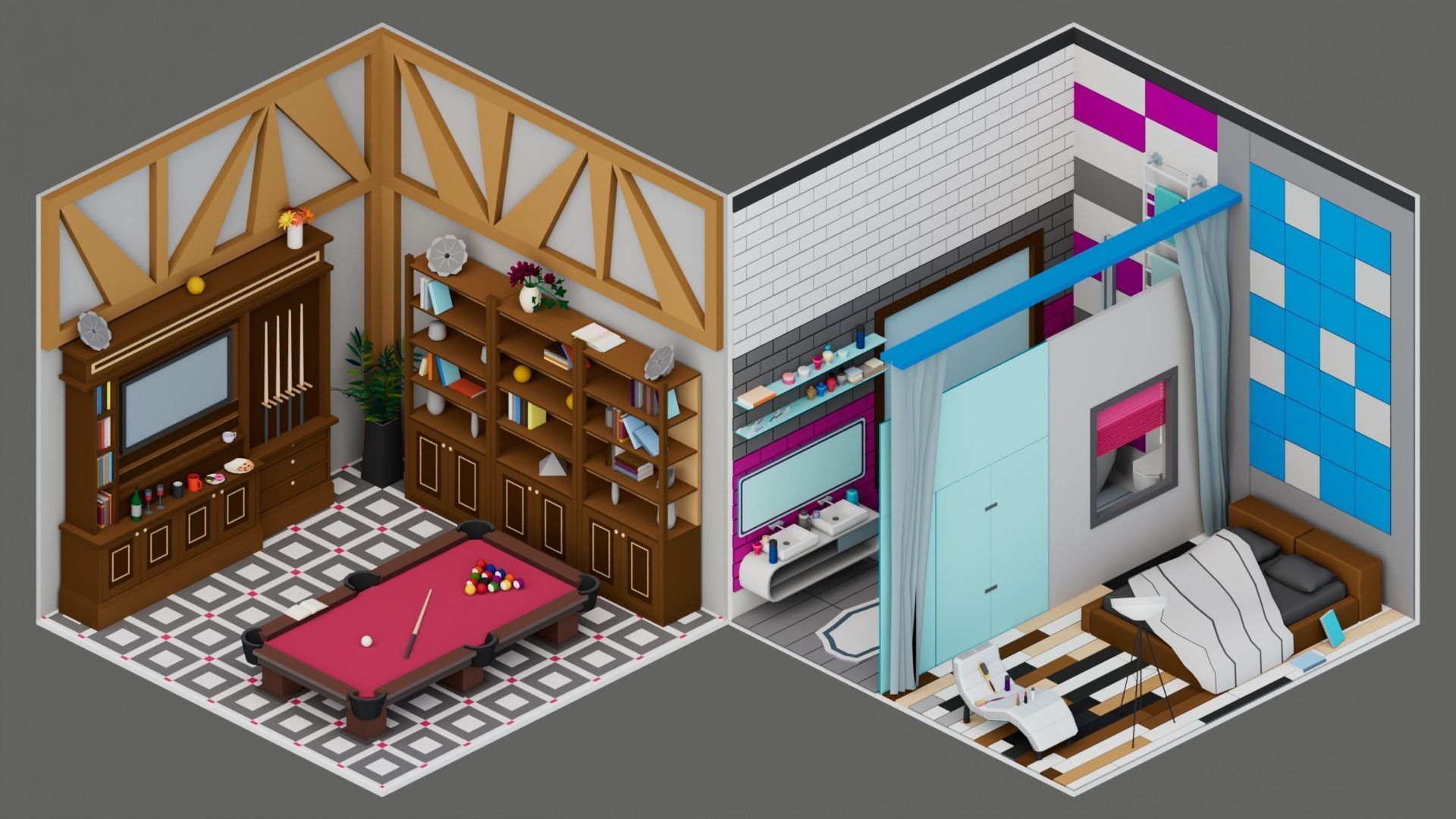 30 Low poly Rooms Interiors 1000 plus unique Objects Low-poly 3D model_25