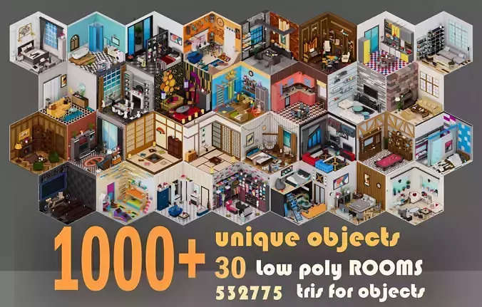 30 Low poly Rooms Interiors 1000 plus unique Objects Low-poly 3D model