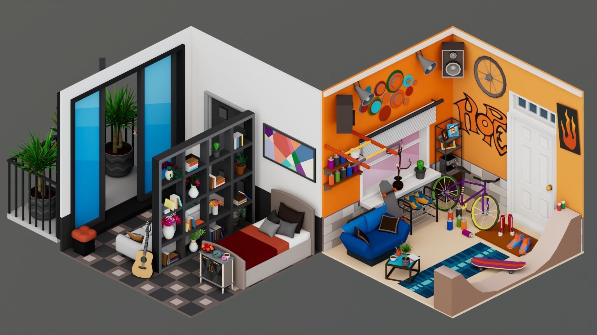 30 Low poly Rooms Interiors 1000 plus unique Objects Low-poly 3D model_27