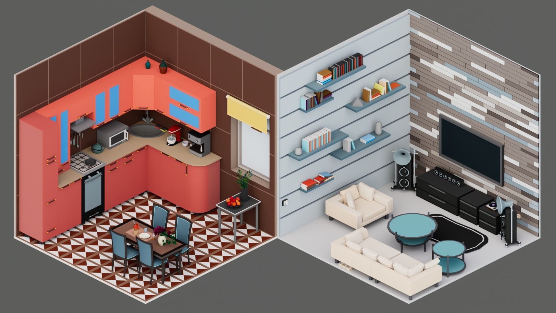 30 Low poly Rooms Interiors 1000 plus unique Objects Low-poly 3D model_14