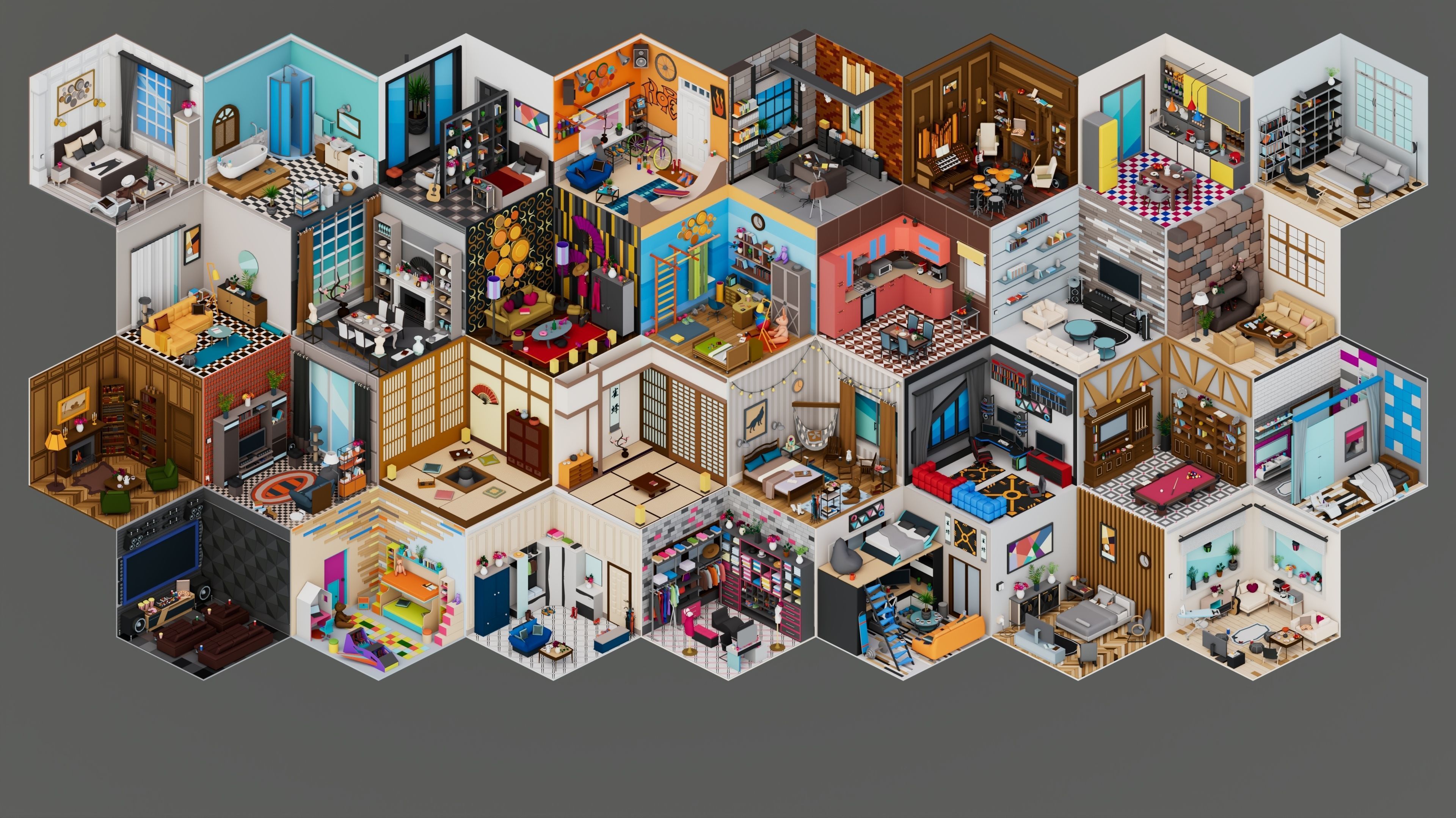 30 Low poly Rooms Interiors 1000 plus unique Objects Low-poly 3D model_3