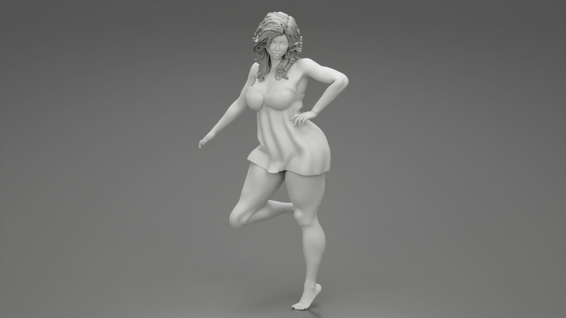 Young Girl with suit is standing leaning on a chair 3D print model_1