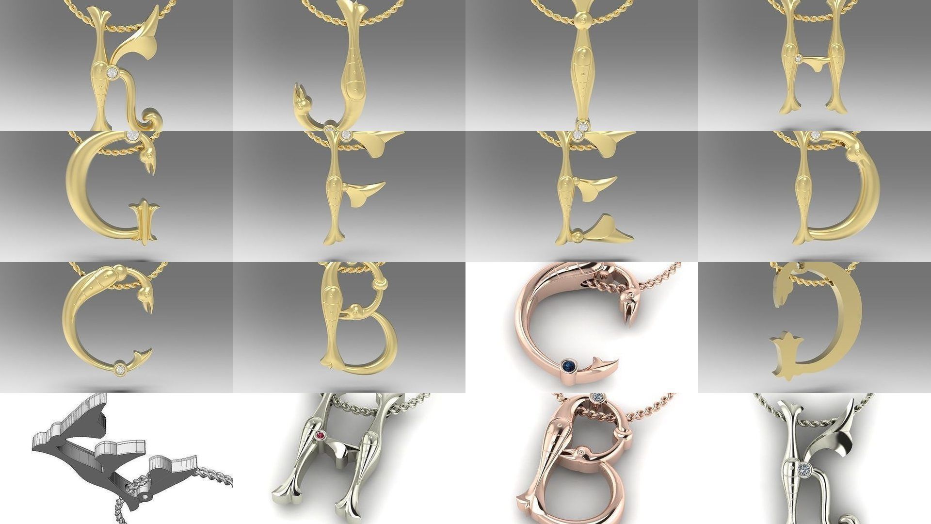 Collection Calligraphy Alphabet Latin Pendants with Gems _1