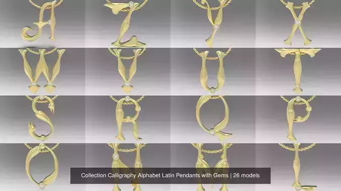 Collection Calligraphy Alphabet Latin Pendants with Gems 