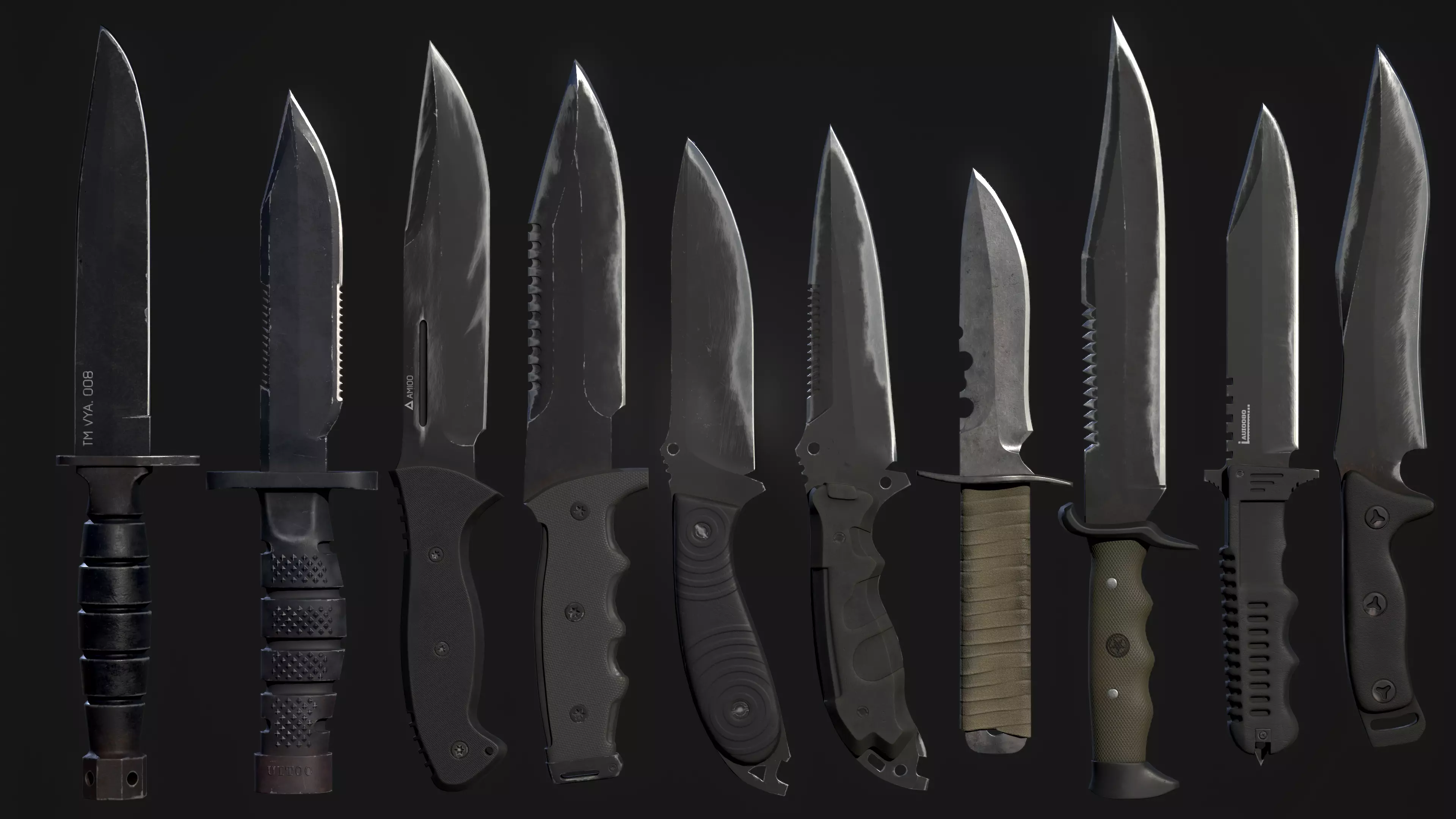 Tactical Combat Knife Kit 10 Fully Completed Gameready Knifes  Low-poly 3D model_0