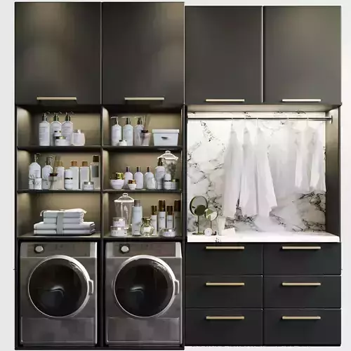 Laundry room with cosmetics for clothes and towels