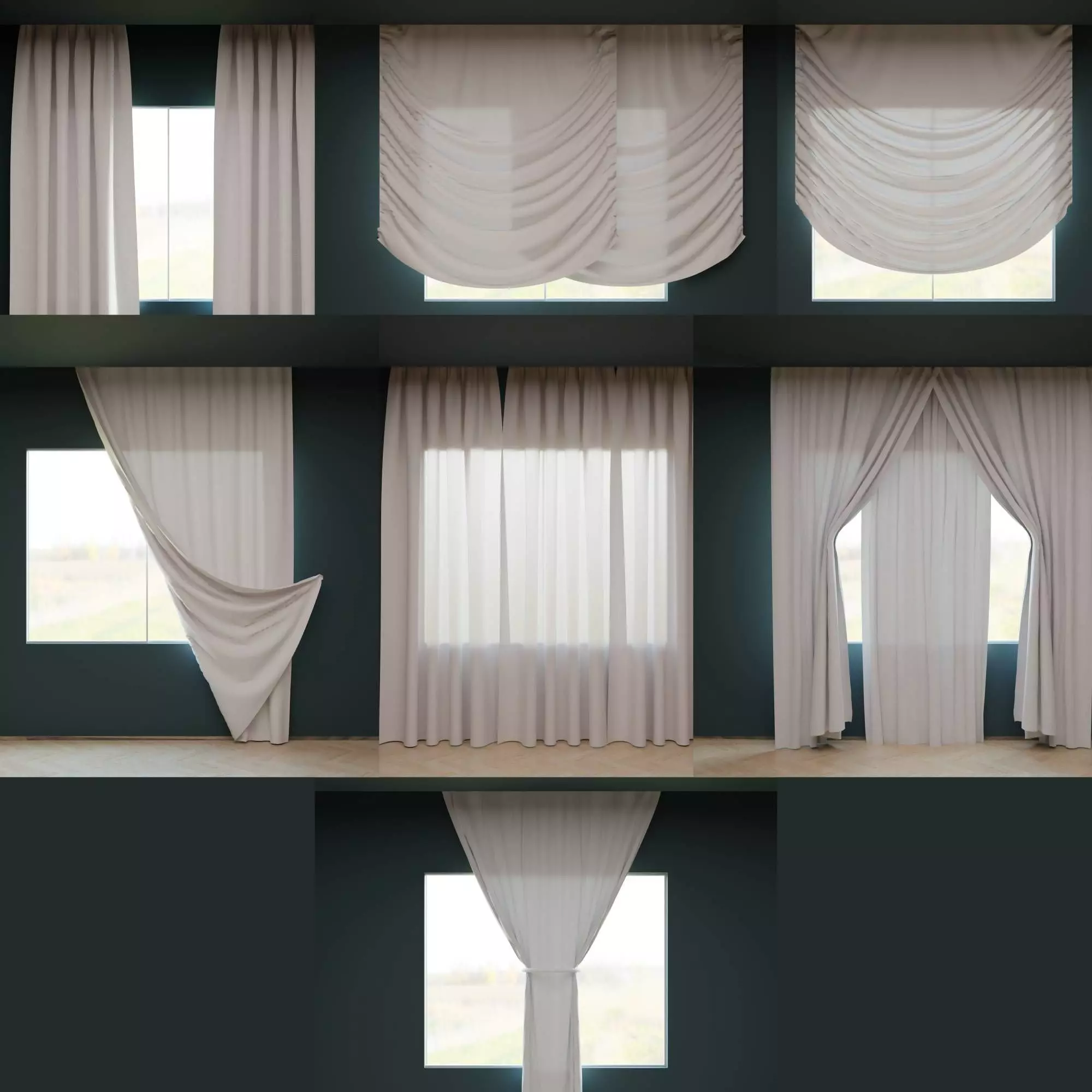Realistic 7 Curtain Styles in high and low poly Low-poly 3D model_0