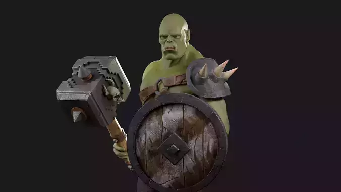 Orc Game ready low-poly model man holding sword and shield