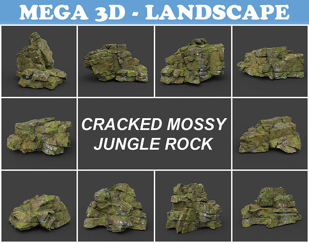 Low poly Cracked Mossy Jungle Rock 220124 Low-poly 3D model