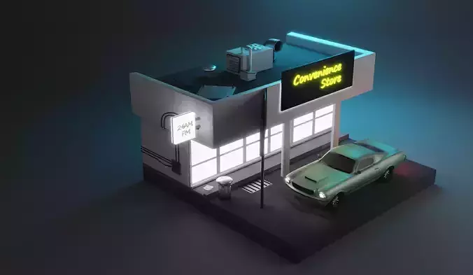 Isometric convenience store with car Low-poly 3D model