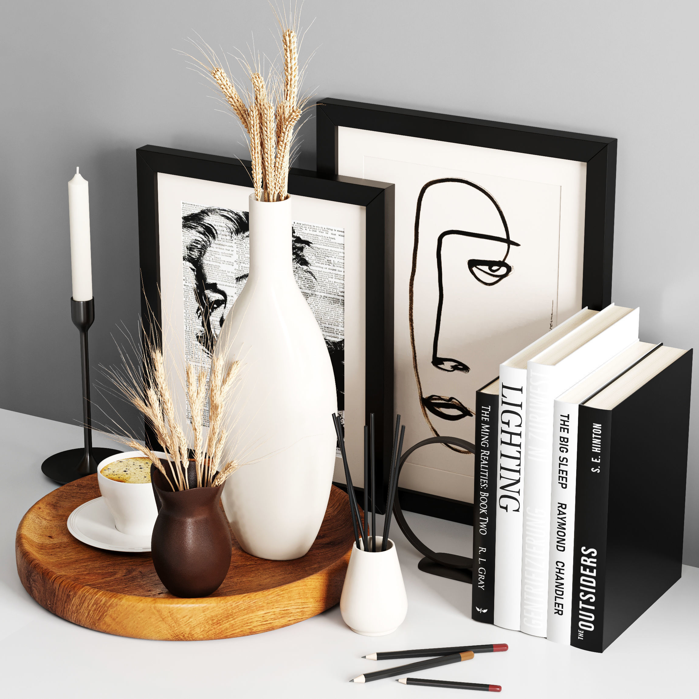 Decorative Set coffee table with vases and books 3D model_1