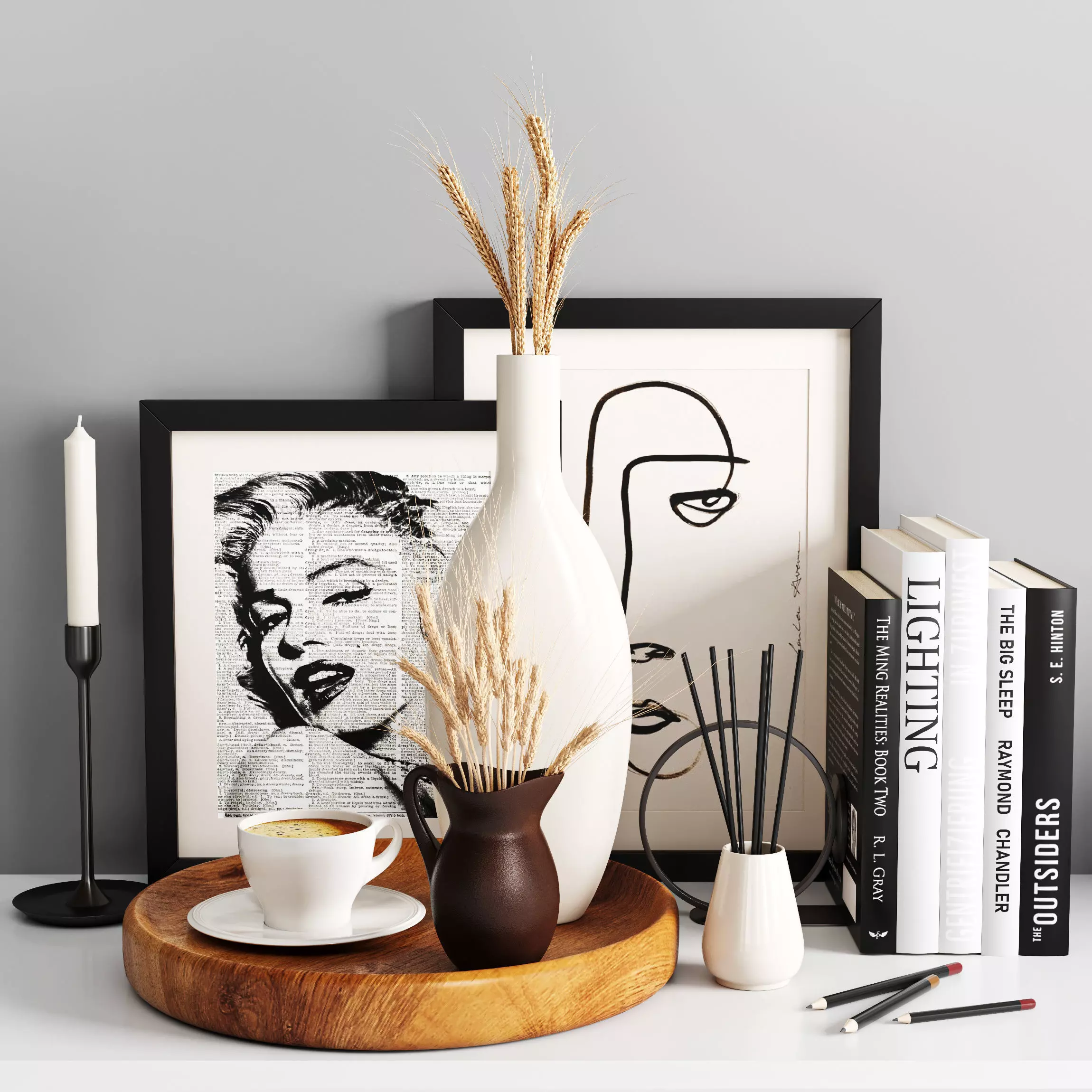 Decorative Set coffee table with vases and books 3D model_0