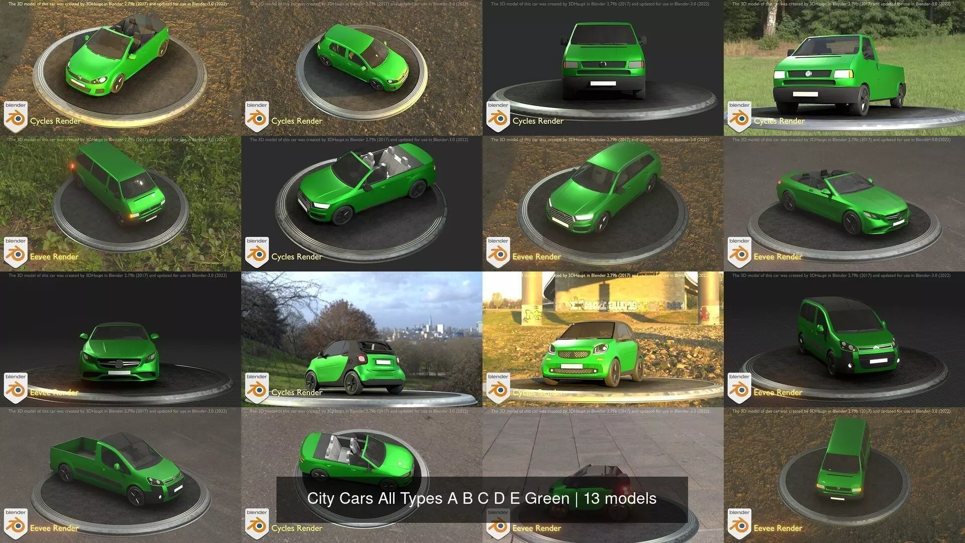 City Cars All Types A B C D E Green 3D Model Collection_0